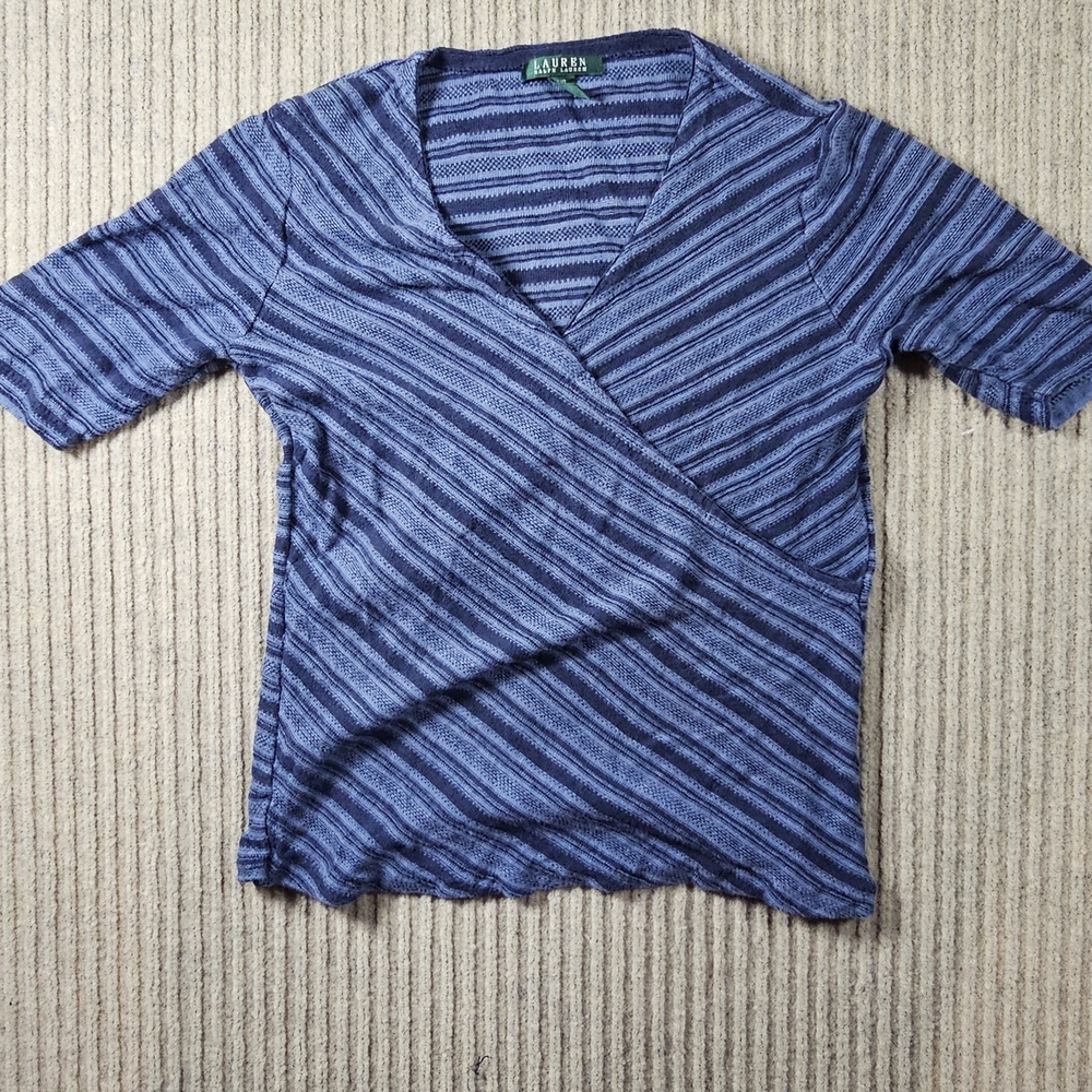 Lauren Ralph Lauren blue striped linen blend wrap top Size large